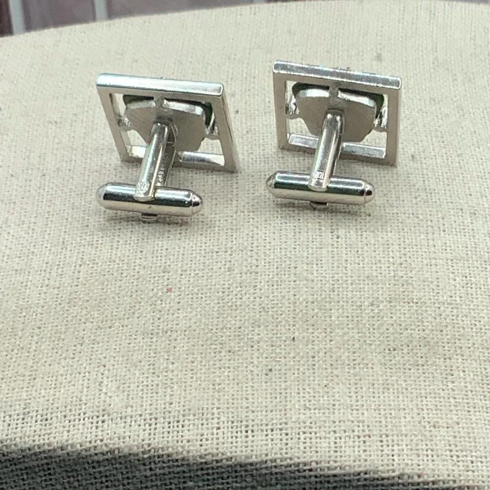 Sarah Coventry Green Resin Silver Tone Square Cuff Links